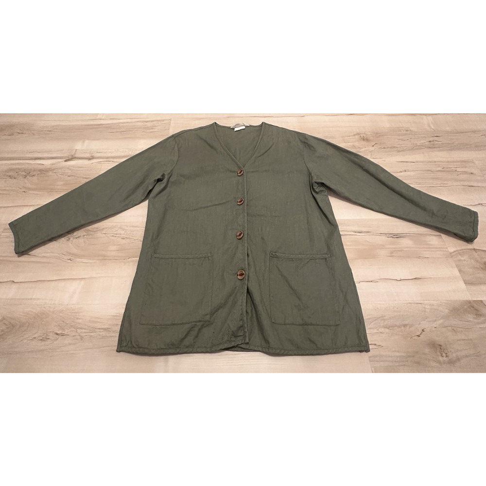 Up to Date Women Large Jacket Linen Blend‎ Wooden Button Pockets Green Lagenlook